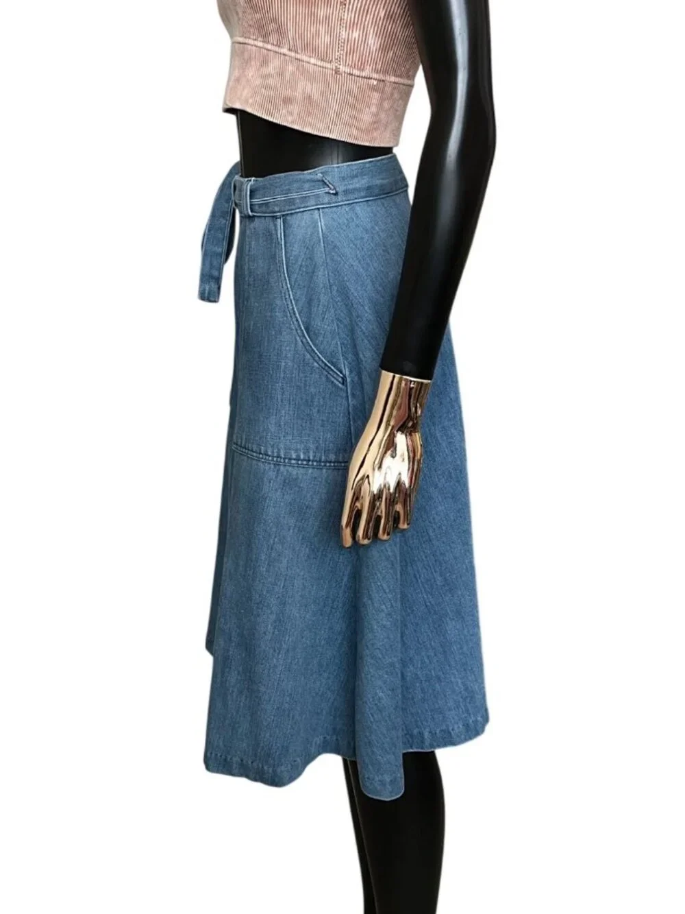 Wrangler Vintage Denim Wrap Skirt Size 5/6 Blue Tie Waist A-Line Midi Western